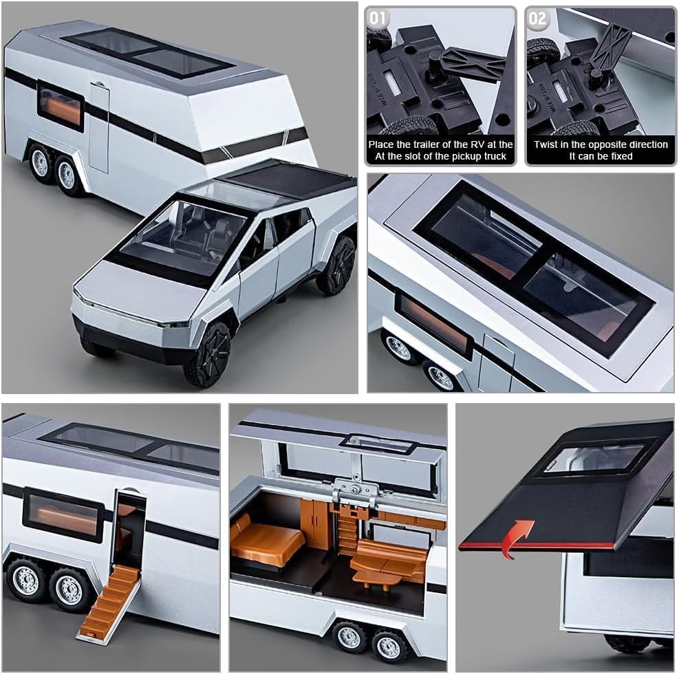 1:32 Cyber Pickup Trailer RV Model Kit - Diecast Metal Off-Road Toy Truck for Boys